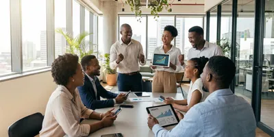 Business team analyzing data dashboard showing growth metrics